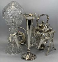 EPNS KETTLE ON STAND, EPERGNE & CUT GLASS MUSHROOM TABLE LAMP, kettle by Walker and Hall, epergne