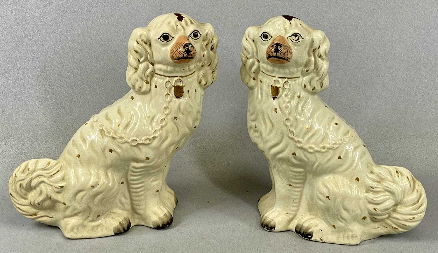 TWO PAIRS OF STAFFORDSHIRE POTTERY DOGS, red and white pair, 31cms (h), gilt and white pair, - Image 3 of 3