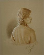 ‡ KAY BOYCE (British Contemporary) pastel on paper - pensive young girl looking over her shoulder,