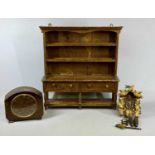 TWO VINTAGE & MODERN CLOCKS & A MINIATURE OAK POT BOARD DRESSER, clocks comprising an oak cased