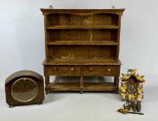 TWO VINTAGE & MODERN CLOCKS & A MINIATURE OAK POT BOARD DRESSER, clocks comprising an oak cased