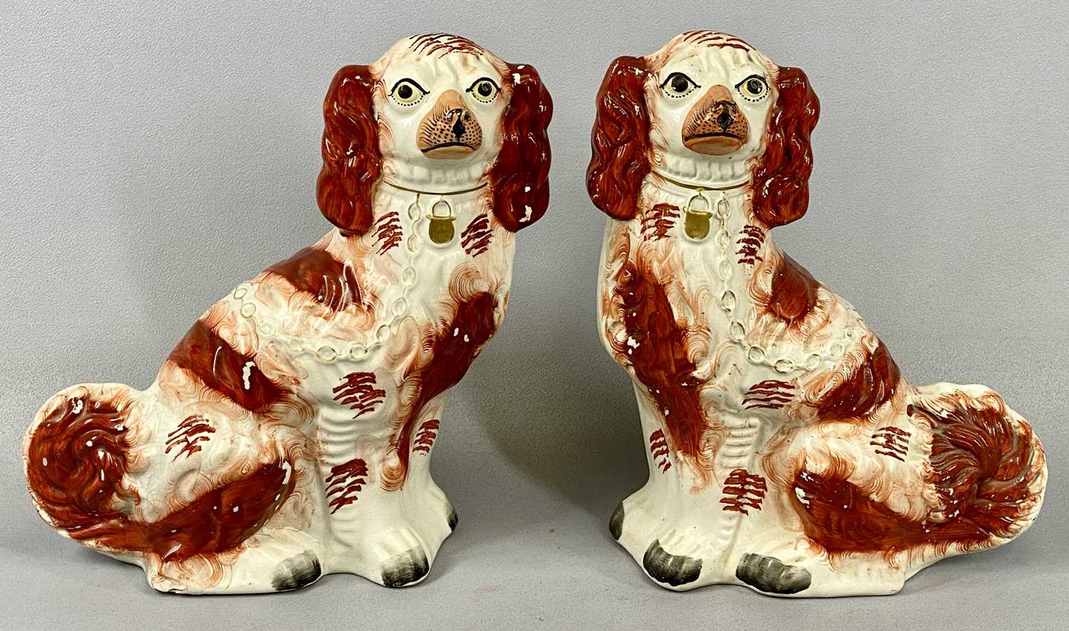 TWO PAIRS OF STAFFORDSHIRE POTTERY DOGS, red and white pair, 31cms (h), gilt and white pair, - Image 2 of 3
