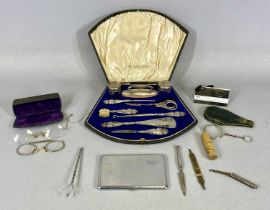 CASED NINE PIECE SILVER LADIES MANICURE SET & OTHER COLLECTABLES, to include pair white metal