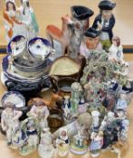 COLLECTION OF STAFFORDSHIRE FIGURES & OTHER ORNAMENTS, 19th Century and later, including Toby jug '