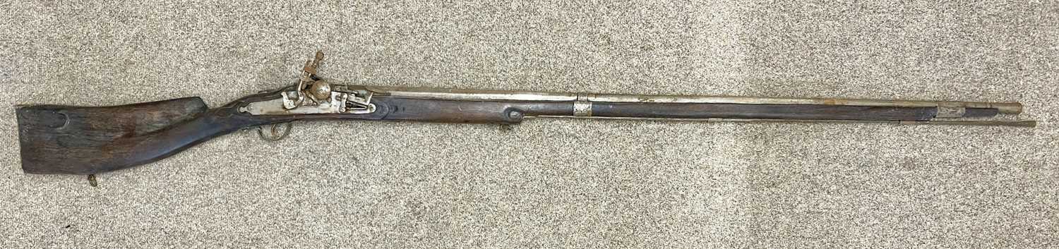 REPRODUCTION TWO-BAND FLINTLOCK RIFLE, 115cms octagonal barrel, with ramrod Provenance: deceased