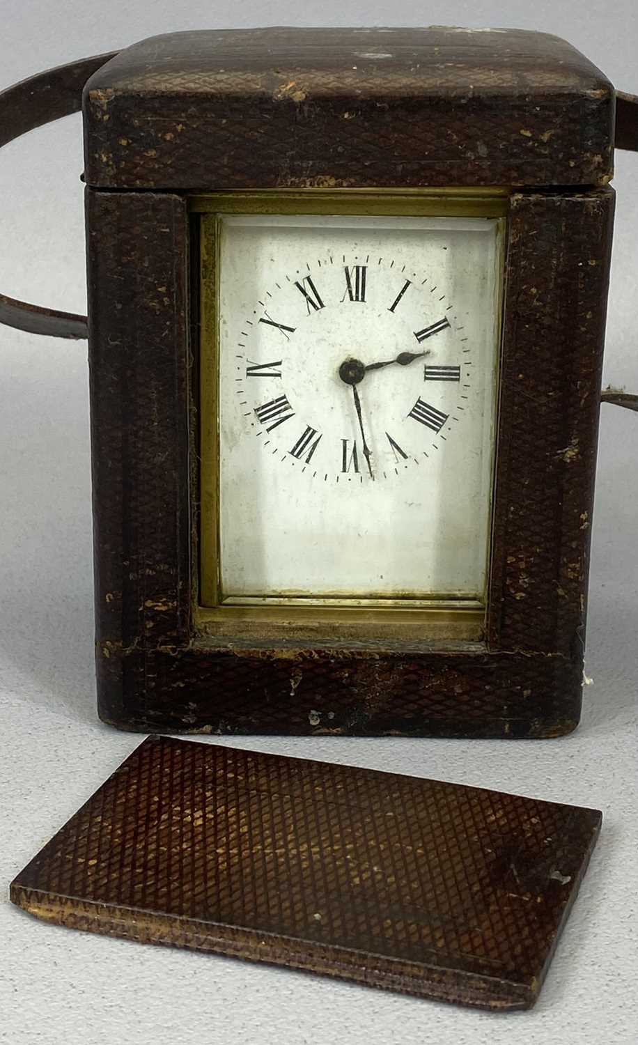 GILT BRASS CASED CARRIAGE CLOCK, white enamel dial, Roman numerals, 12cms H, leather travel case, - Image 4 of 4