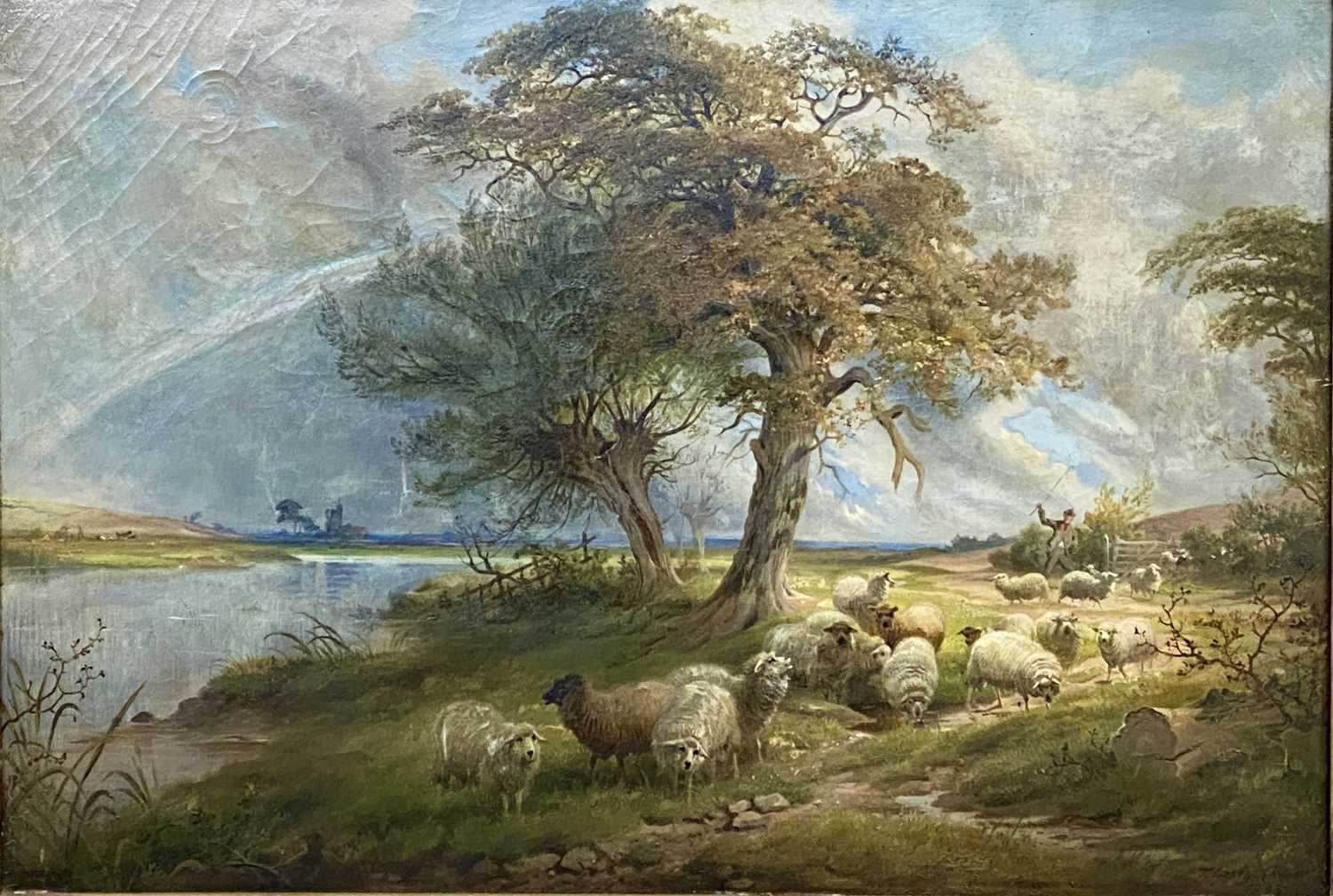 THOMAS GEORGE COOPER (British, 1836 - 1901) oil on canvas - flock of sheep with shepherd beneath - Image 2 of 3