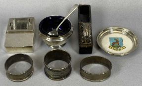 EIGHT ITEMS OF HALLMARKED SMALL SILVER comprising a desktop spring hinge lidded stamp box with upper