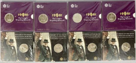 EIGHT 2015 UK £5 BRILLIANT UNCIRCULATED COINS, issued by the Royal Mint, comprising four the longest