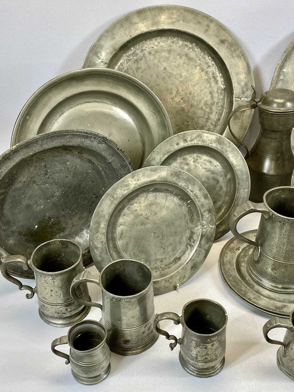 COLLECTION OF 18TH CENTURY & LATER PEWTER, including tappit hen tankard, 28cms H, tankards and - Image 3 of 3