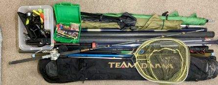 LARGE QUANTITY OF FISHING TACKLE, mainly coarse, including poles, rods, reels and accessories