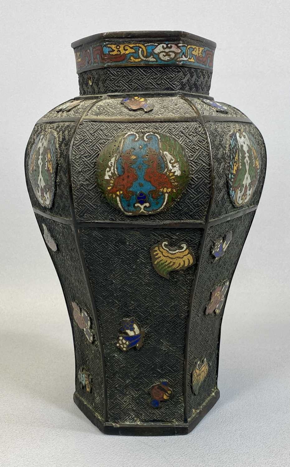 CHINESE BRONZE & CHAMPLEVE ENAMEL VASE LATE 19TH/EARLY 20TH CENTURY, of hexagonal baluster form,