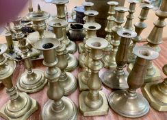 EIGHT PAIRS OF VICTORIAN BRASS CANDLESTICKS, 27.5cms H the tallest, brass twin-branch candelabra,