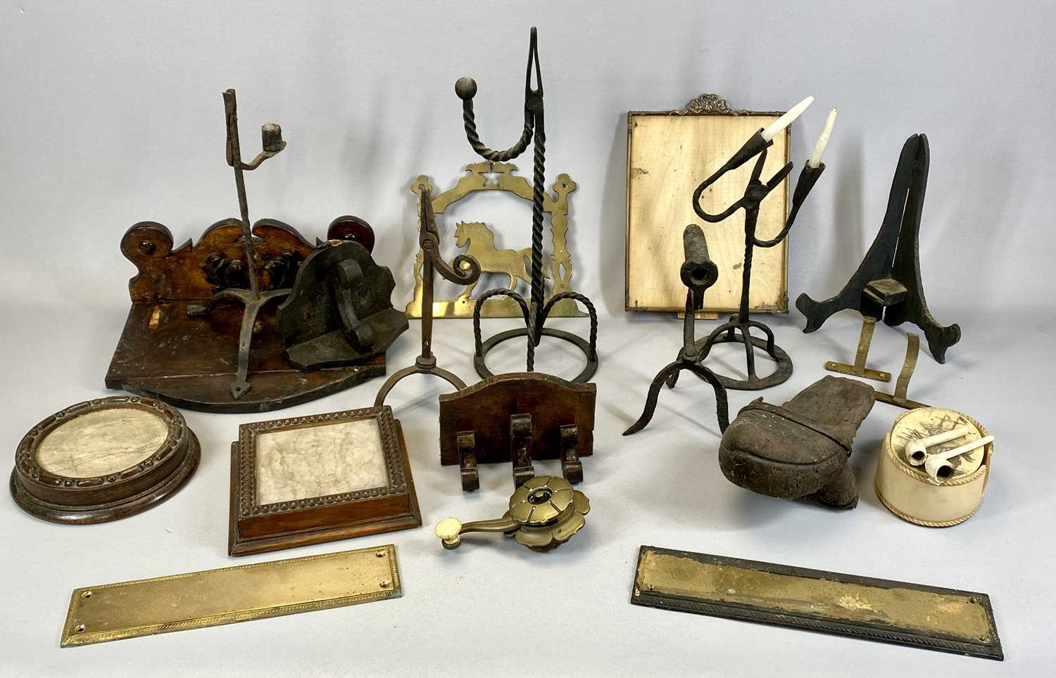 ANTIQUE METALWARE & OTHER ITEMS, including 4 x wrought iron rush light holders, 42cms H the tallest,