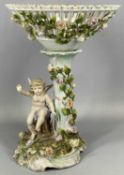 GERMAN PORCELAIN CENTREPIECE, pierced basket form bowl, naturalistic stem modelled with a cherub,