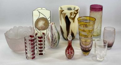 DECORATIVE & STUDIO GLASSWARE including brown and cream mottled vase, 31cms (h), etched amber and