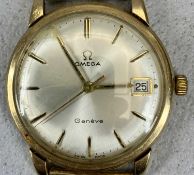 OMEGA GENEVE 9CT GOLD GENTLEMAN'S BRACELET WRISTWATCH, circa 1965, silvered dial, raised gold