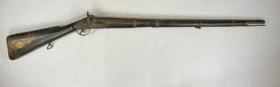 19TH CENTURY FOUR BAND PERCUSSION RIFLE, 89cms barrel, brass patch box to stock, with ramrod