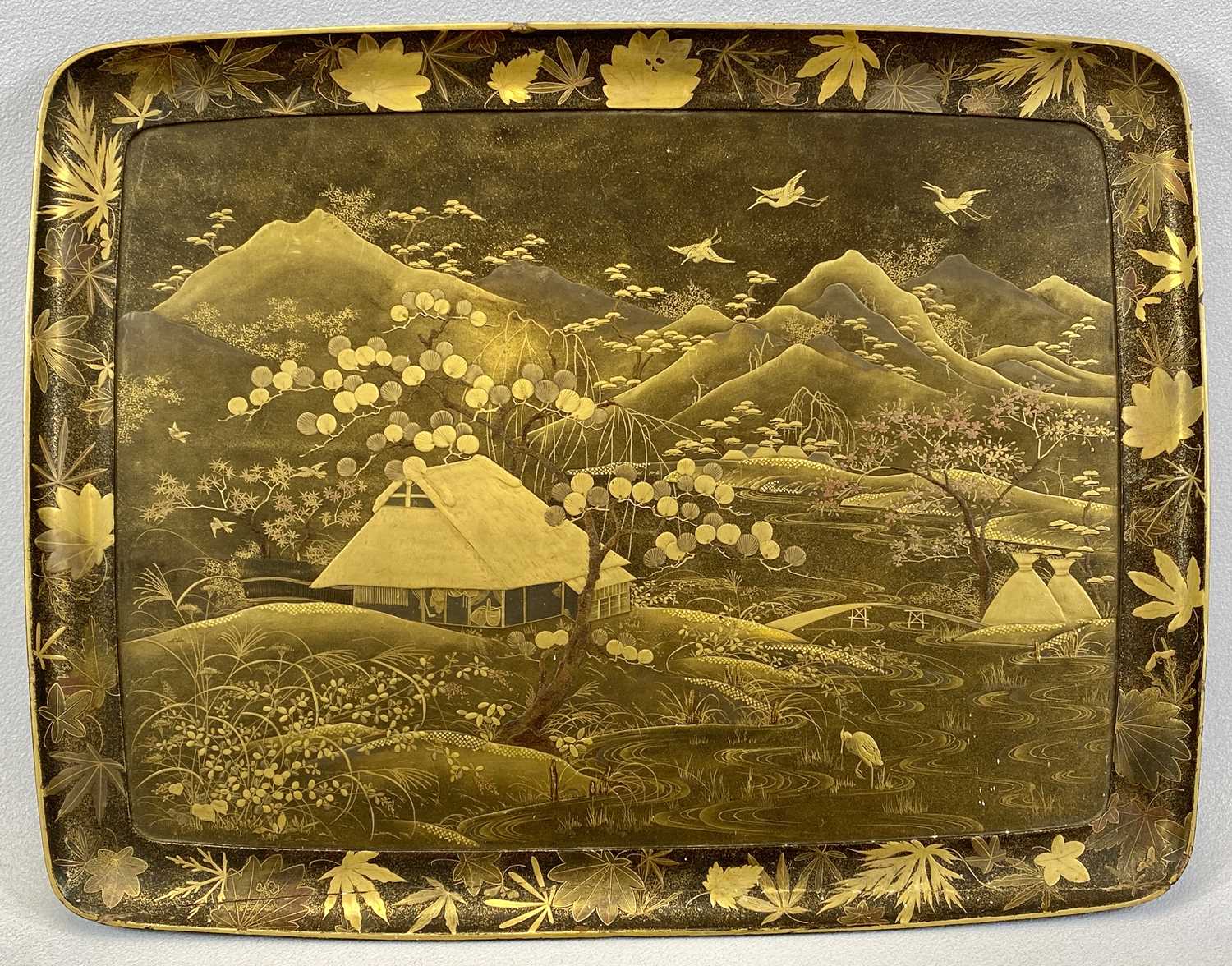 19TH CENTURY LACQUERED TEA TRAY GILDED CHINOISERIE DECORATION, extensive landscape with birds within