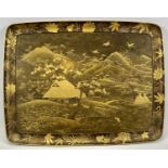 19TH CENTURY LACQUERED TEA TRAY GILDED CHINOISERIE DECORATION, extensive landscape with birds within
