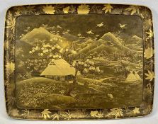 19TH CENTURY LACQUERED TEA TRAY GILDED CHINOISERIE DECORATION, extensive landscape with birds within