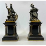 LATE 19TH CENTURY BLACK SLATE CLOCK GARNITURE a pair, square architectural design with brass columns