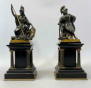 LATE 19TH CENTURY BLACK SLATE CLOCK GARNITURE a pair, square architectural design with brass columns