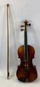 VINTAGE VIOLIN 35cms back, in case with bow, Provenance: deceased estate Denbighshire