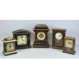 COLLECTION OF FIVE MANTEL CLOCKS, comprising a reproduction bracket clock, dial with silver
