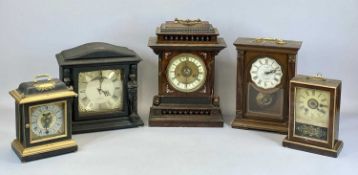 COLLECTION OF FIVE MANTEL CLOCKS, comprising a reproduction bracket clock, dial with silver