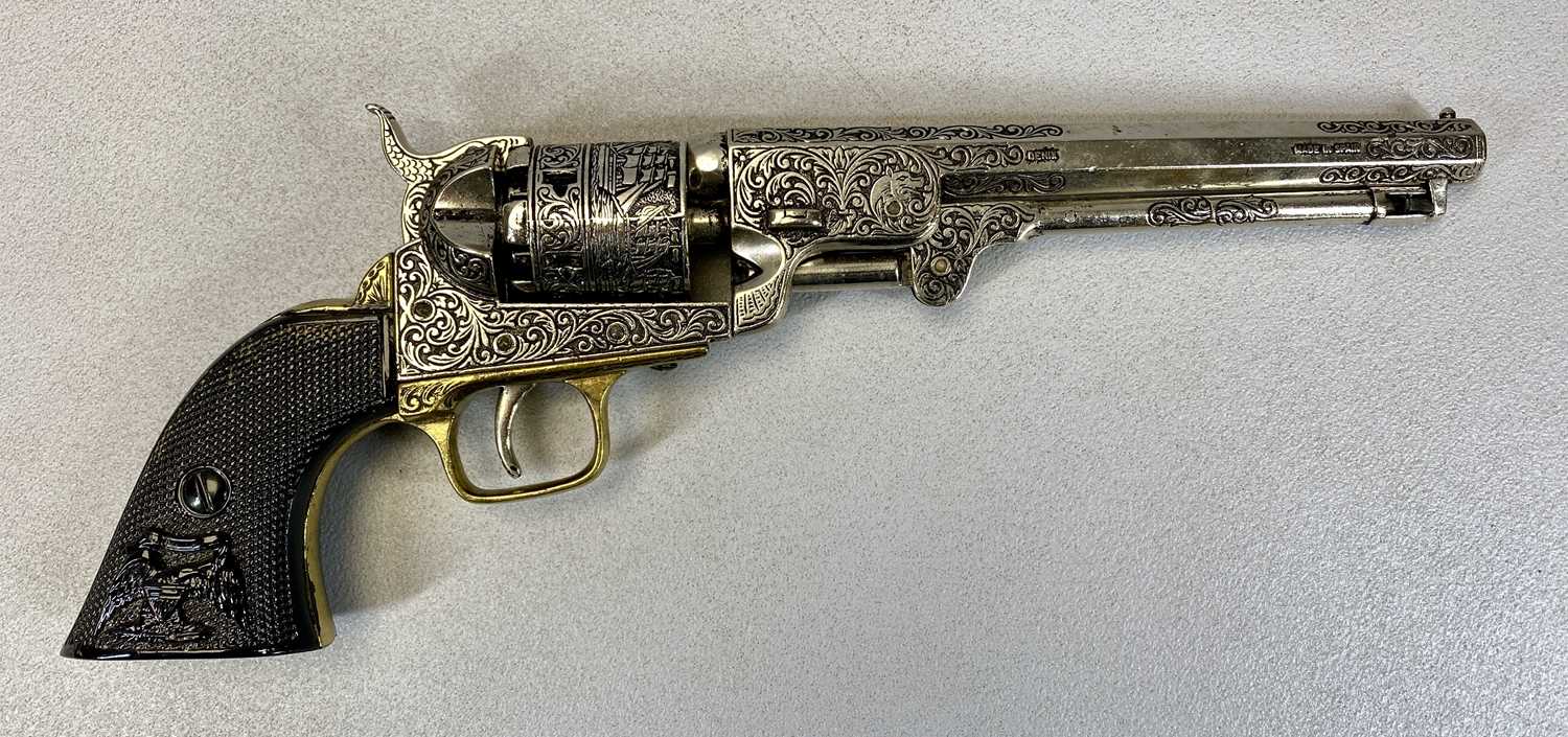 FIVE REPLICA PISTOLS, Spanish 9-shot revolver, 37cms L, Deringer, 17cms L, Spanish Griffin pocket - Image 6 of 6