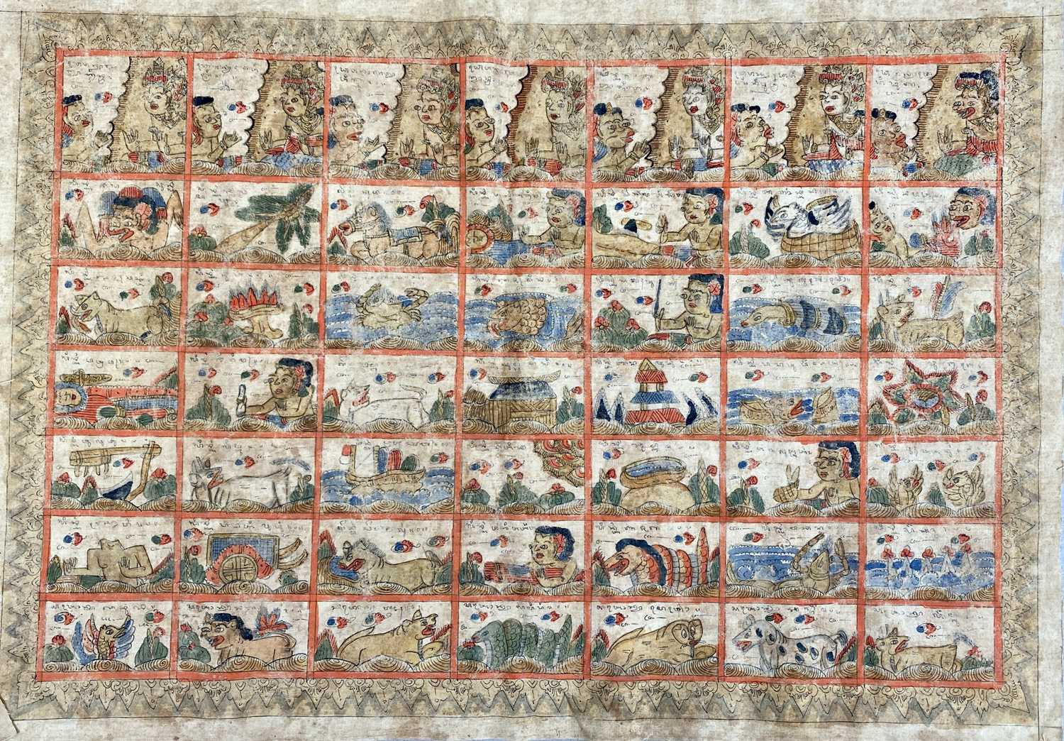 BALINESE KAMASAN SCHOOL SIX HAND PAINTED CALENDARS, three large, 47 x 87cms and three smaller, 43 - Image 2 of 7