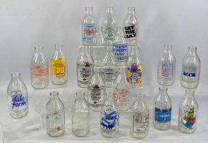 21 RETRO UNIGATE-TYPE DUMPY MILK BOTTLES BEARING PRINTED ADVERTS circa 1980s each with colour