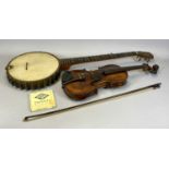 VINTAGE BANJO FIVE-STRING, 91cms L overall, in case, and a vintage violin, 38cms two-piece back,