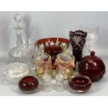 MIXED GLASSWARE including Georgian celery vase of goblet form, bowl etched with ferns, knopped