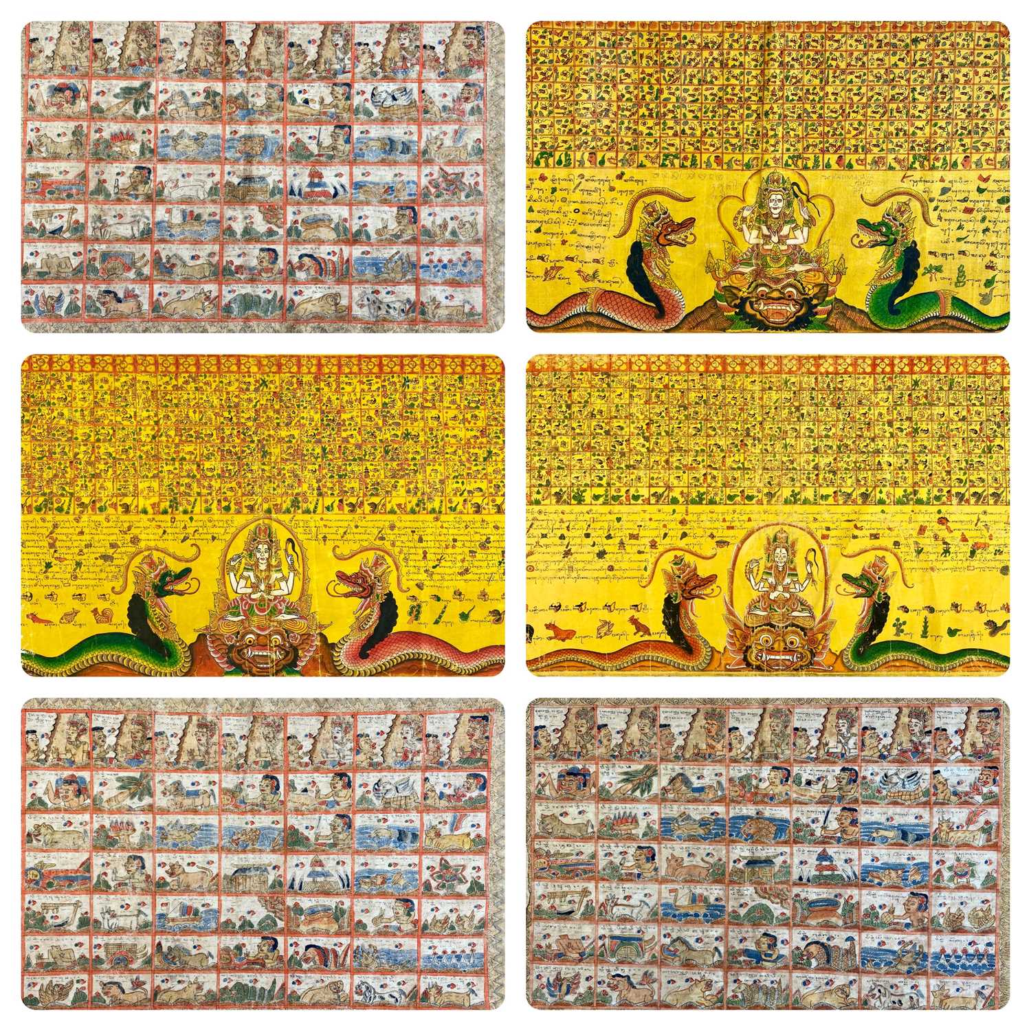 BALINESE KAMASAN SCHOOL SIX HAND PAINTED CALENDARS, three large, 47 x 87cms and three smaller, 43