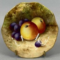 ROYAL WORCESTER CIRCULAR SHALLOW DISH, gilded moulded rim, hand-painted with fruit and signed