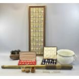 MIXED COLLECTABLES including an antique brass three draw telescope, 90cms (l extended), framed set