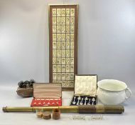 MIXED COLLECTABLES including an antique brass three draw telescope, 90cms (l extended), framed set