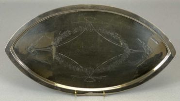 LOZENGE SHAPE SILVER DRESSING TABLE TRAY ribbon and floral swag detail centre, Sheffield 1911, James