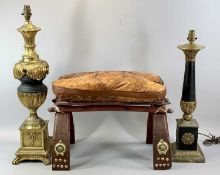 SMALL FURNISHINGS including camel stool with brass fittings and tan leather cushion seat with two