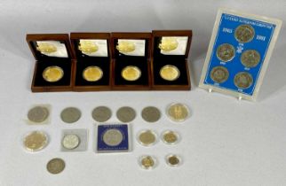 FOUR LONDON MINT GOLD PLATED £5 COINS, other British gold plated coins, commemorative crowns etc,