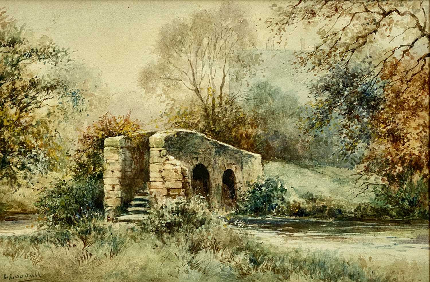 GEORGE GOODALL (British, 19th Century) watercolour - bridge over stream, titled verso 'Dorothy - Image 4 of 7