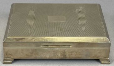 PRESENTATION SILVER CIGARETTE BOX, engine turned decoration and vacant cartouche to the top,