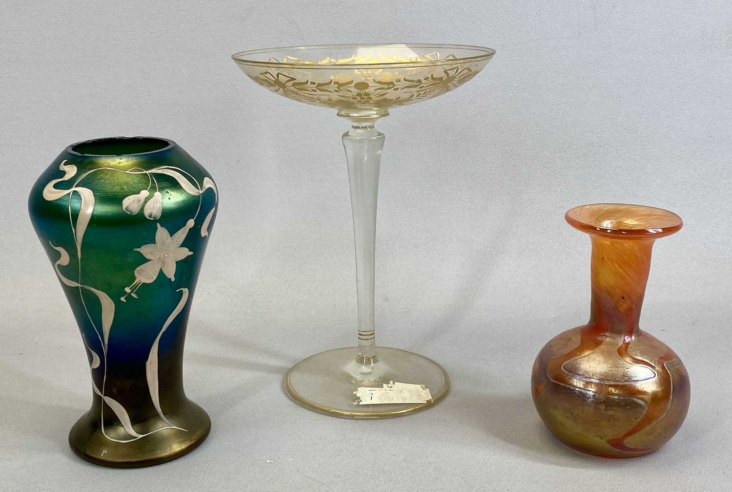 THREE ITEMS OF DECORATIVE GLASSWARE comprising Loetz style art nouveau iridescent vase with enamel