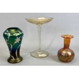 THREE ITEMS OF DECORATIVE GLASSWARE comprising Loetz style art nouveau iridescent vase with enamel