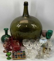 ANTIQUE & LATER GLASSWARE including large hand blown green glass bottle, 48cms H, dimpled green