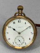 THOMAS RUSSELL & CO. LIVERPOOL 9CT GOLD OPEN FACED POCKET WATCH, keyless, white enamel dial, black