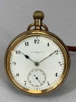 THOMAS RUSSELL & CO. LIVERPOOL 9CT GOLD OPEN FACED POCKET WATCH, keyless, white enamel dial, black