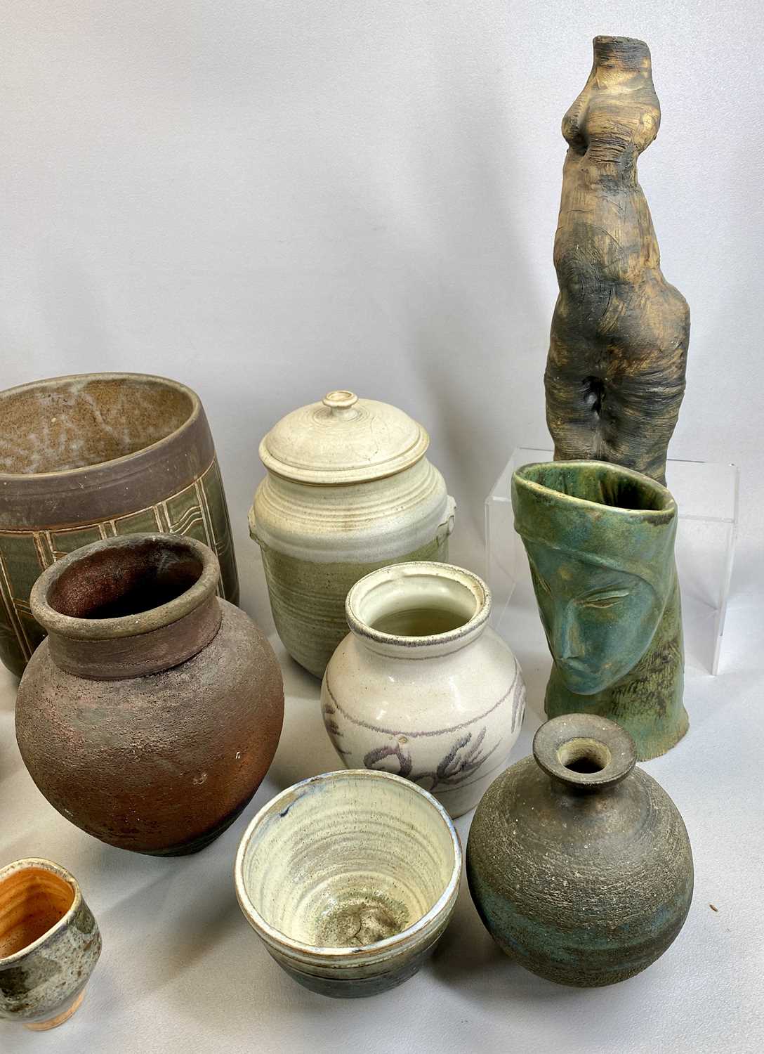 GROUP OF MIXED STUDIO POTTERY, figural vase, signed 'K H' (Kate Hyde), 25cms H, incised bottle - Image 2 of 3